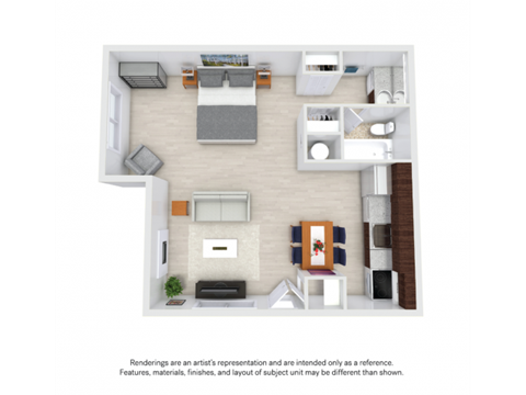Floor plan for studio, 1 bath, 563 sqft